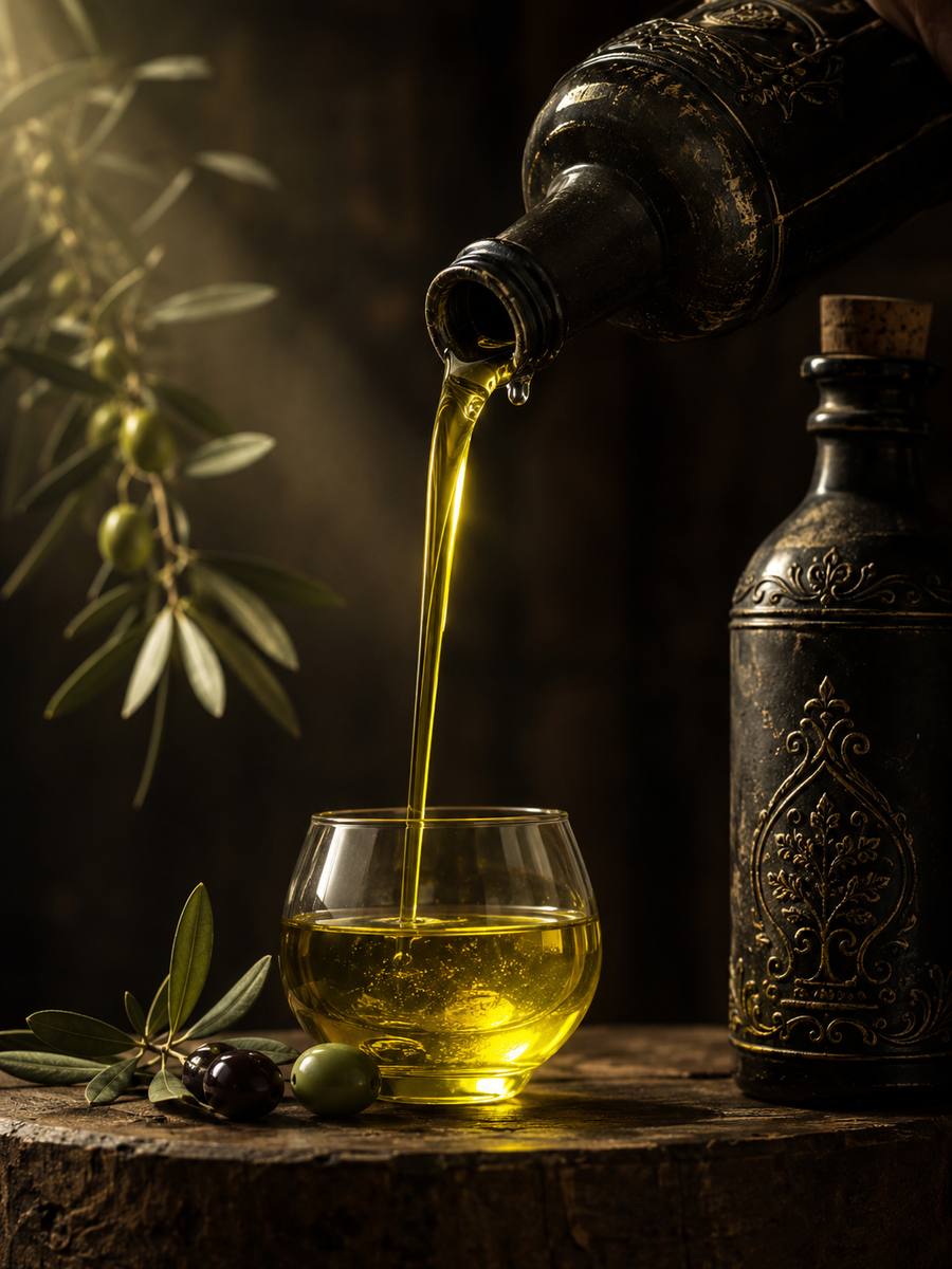 Cold-pressed extra virgin olive oil poured from a vintage bottle